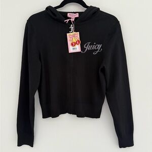 NWT Juicy Couture Black Knit Rhinestone Logo Zip Up Hoodie Sweatshirt, Large